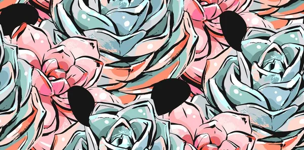 Handgezeichnet Vektor abstrakt Tusche Pinsel Grunge Zeichnung strukturiert gefertigt Dekoration saftige Kakteen Blumen Collage nahtlose Muster isoliert auf weißem Hintergrund — Stockvektor