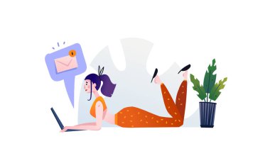 El çizimi vektör soyut çizgi film modern grafik çizimleri kız ve dizüstü bilgisayarlı sanat beyaz arka planda izole