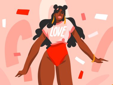 Elle çizilmiş vektör soyut stok grafik çizimi. Renk kolajı arka planında izole edilmiş, genç, mutlu, Afro-Amerikan mayolu kadın.