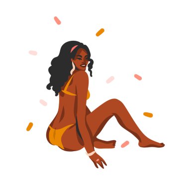 Elle çizilmiş vektör soyut stok grafik çizimi beyaz arka planda izole bir şekilde oturan siyah, siyah, güzel, mayo giymiş bir kadınla.