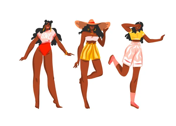 Dessiné à la main vecteur plat abstrait stock illustration graphique collection sertie de jeunes afro américain noir heureux, les femmes de beauté en maillot de bain et chapeau de plage isolé sur fond blanc — Image vectorielle