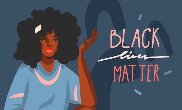 Ручний намальований векторний абстрактний малюнок з молодою чорною афро-американською красою жінка і чорна життя матерія напис ізольований на кольоровому колажі форми тло — стоковий вектор