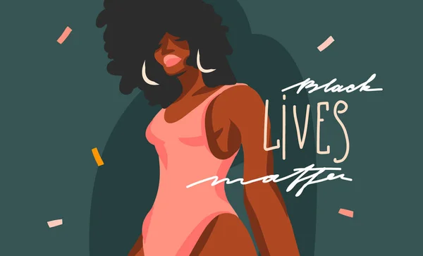 El çizimi vektör soyut stok grafik illüstrasyon Genç siyah afro amerikan güzellik kadın ve siyah yaşam madde Renk kolaj şekil arka plan izole harfleri — Stok Vektör