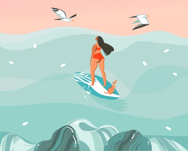 Handgetekende vector stock abstracte grafische illustratie met een surfer meisje surfen met een hond en meeuwen geïsoleerd op oceaan golf landschap achtergrond — Stockvector