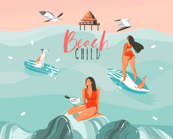 Handgezeichnete Vektor Stock abstrakte grafische Illustration mit einem Surfer Frauen surfen mit einem Hund und Möwen isoliert auf Meereswellen Landschaft Hintergrund — Stockvektor