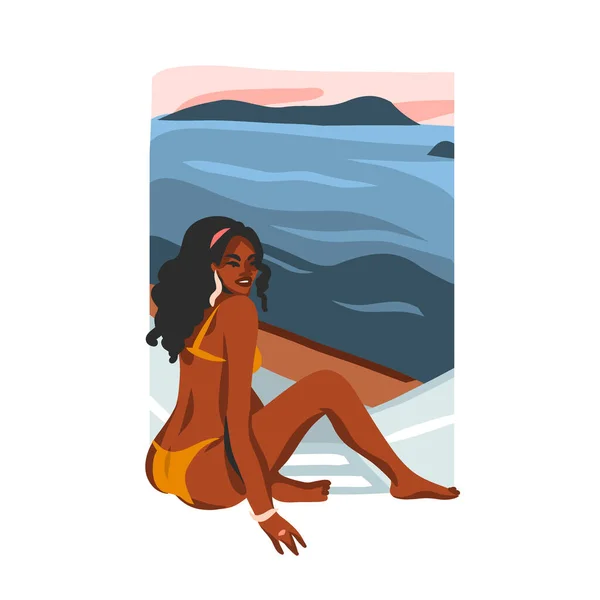 Ручной рисунок вектор абстрактные акции плоские графические иллюстрации с молодой счастливой афро-американской красоты женщины, в купальнике на закате пляжа сцены изолированы на белом фоне — стоковый вектор