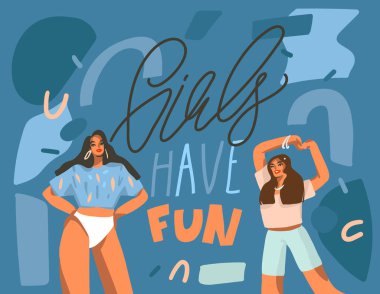 Elle çizilmiş vektör soyut stok grafik çizimi. Evde gülümseyen genç kadınlar dans ediyor ve el yazısıyla yazılmış harfler var. Kızlar renk arka planında izole edilmiş şekilde eğleniyor.