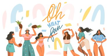 El çizimi vektör soyut düz stok grafik çizimi Genç gülümseyen kadınlar dans partisi, Ne eğlenceli harfler ve kolaj şekilleri beyaz arka planda izole