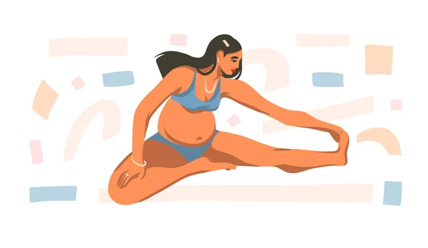Рука намальована векторна абстрактна стокова графічна ілюстрація з молодою щасливою вагітною жінкою робить фізичні вправи онлайн вдома ізольовані на білому тлі — стоковий вектор