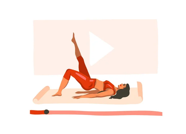Ręcznie rysowane wektor abstrakcyjny czas płaska grafika ilustracja z młodą szczęśliwą kobietą, robi fitness na macie i oglądanie online szkolenia wideo izolowane na białym tle — Wektor stockowy