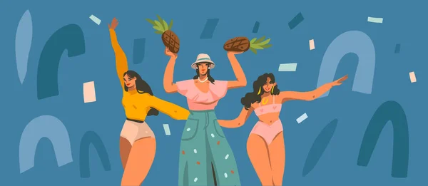 Handgetekende vector abstracte voorraad grafische illustratie met jonge lachende vrouwen dansen partij thuis en collage vormen geïsoleerd op kleur achtergrond — Stockvector