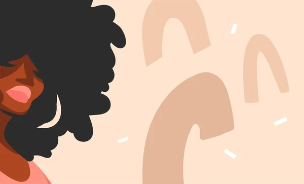 Handgetekende vector abstracte platte voorraad grafische illustratie met jonge zwarte afro-Amerikaanse schoonheid vrouw en kopieer ruimte plaats geïsoleerd op kleur collage vorm achtergrond. — Stockvector
