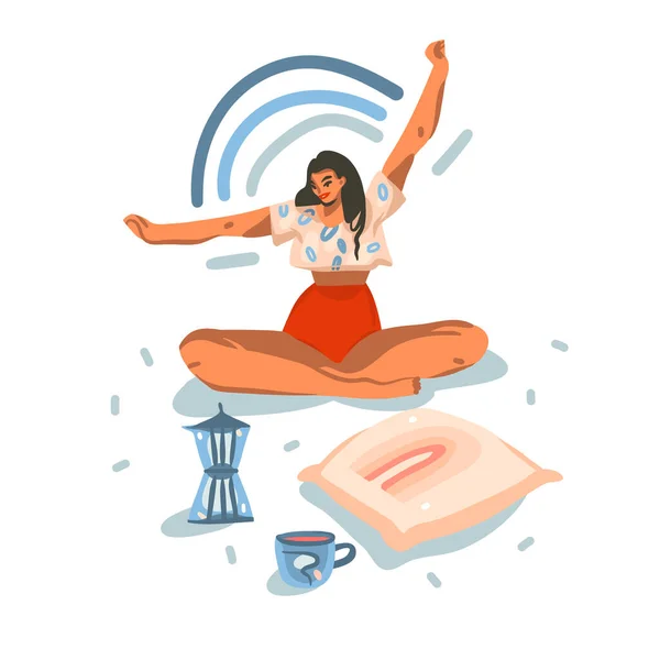 Handgetekende vector abstracte voorraad grafische illustratie met jonge glimlachende vrolijke vrouw hebben ochtend strekt zich yoga thuis met confetti geïsoleerd op witte achtergrond — Stockvector