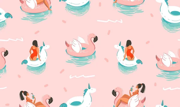 Mão desenhado vetor estoque abstrato bonito verão tempo desenhos animados ilustrações sem costura padrão com unicórnio flamingo borrachas anéis e golfinhos isolados no fundo rosa —  Vetores de Stock