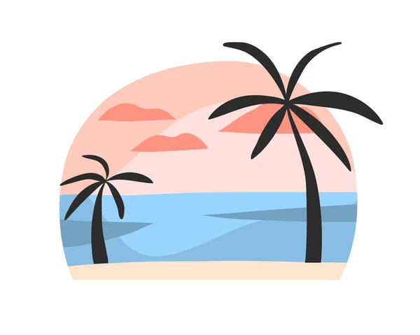 Ручной рисунок вектор абстрактный фондовый плоская графическая иллюстрация с закатом пляжной сцены и пальмы изолированы на белом фоне — стоковый вектор