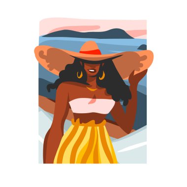 El çizimi vektör soyut düz grafik illüstrasyon genç mutlu siyah Afro Amerikan güzellik portresi, mayo ve şapka ile beyaz arka planda izole plaj sahnesi