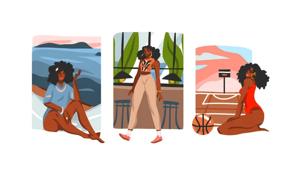 Hand dras vektor abstrakt lager platt grafisk illustration samling som med unga glada svarta afro amerikanska skönhet kvinnor, i vardagen rutin scener isolerade på vit bakgrund — Stock vektor