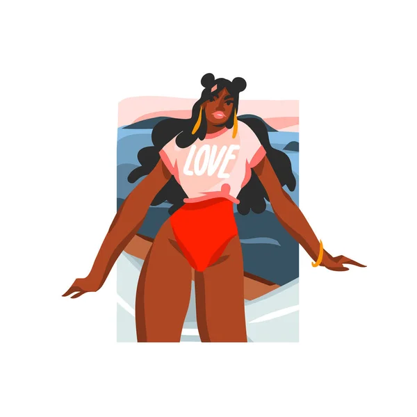 Dessiné à la main vecteur abstrait stock plat illustration graphique avec jeune afro noir heureux beauté américaine portrait féminin, en maillot de bain sur la scène de plage isolé sur fond blanc — Image vectorielle