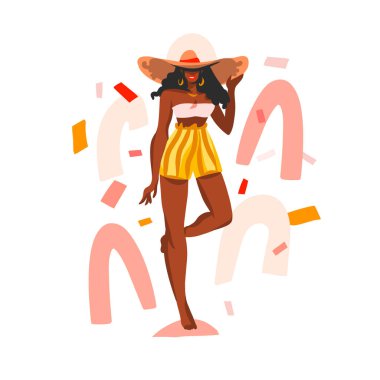 El çizimi vektör soyut düz grafik çizimi. Genç mutlu siyah Afrikalı Amerikalı, mayo giymiş güzel bir kadın ve beyaz kolaj şeklindeki arka planda izole edilmiş plaj şapkası.