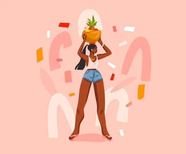 Hand dras vektor abstrakt lager grafisk illustration med unga glada svart afro amerikansk skönhet kvinnlig, bär en korg med frukt på huvudet isolerad på färg collage bakgrund — Stock vektor