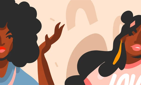 Handgetekende vector abstracte platte voorraad grafische illustratie met jonge zwarte afro-Amerikaanse schoonheid vrouwen en kopieer ruimte plaats geïsoleerd op kleur collage vorm achtergrond. — Stockvector