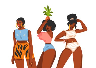 El çizimi vektör soyut düz stok grafik illüstrasyon genç gülümseyen mutlu Afro-Amerikan kadın grup portreleri beyaz arka planda izole