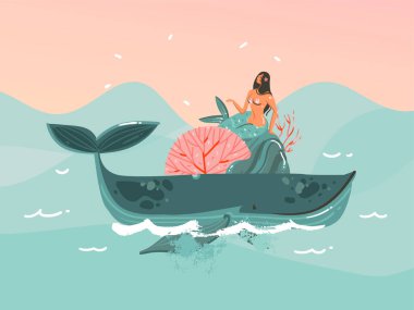 El çizimi vektör soyut düz grafik illüstrasyon genç mutlu güzel kadın mermaind iin bikini balina ve gün batımı okyanus sahnesi kapalı mavi renk arka grubunda izole