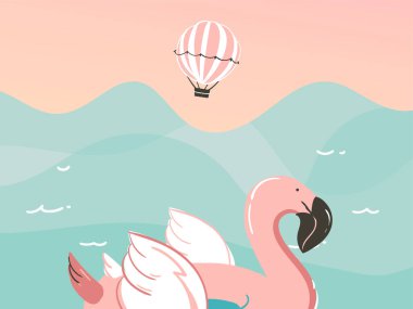 El çizimi vektör stoku soyut grafik çizimi. Mavi arka planda izole edilmiş okyanus dalgalarında yüzen flamingo kauçuk halkalar.