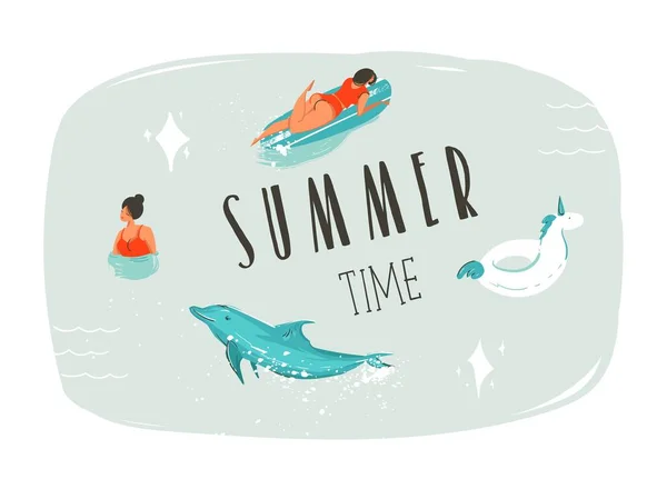 Hand drawn vector abstract summer time fun cartoon illustration with swimming people,surfer on longboard,unicorn float ring,dolphin and modern typography quote Summer time isolated on blue background. — Stock Vector