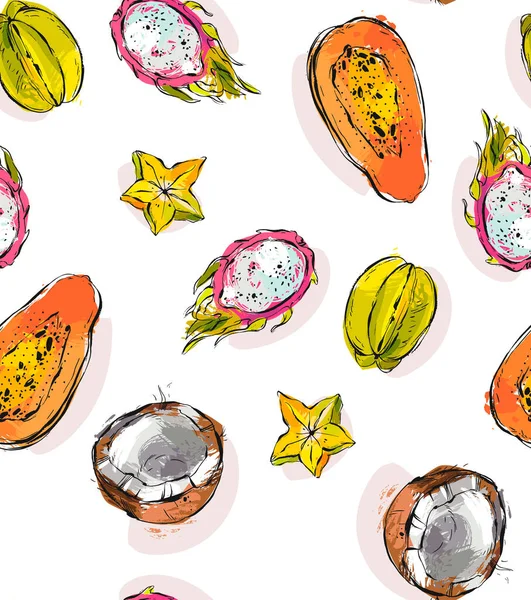 Handgezeichnete Vektor-abstrakte Freehand texturierte ungewöhnliche nahtlose Muster mit exotischen tropischen Früchten Papaya, Drachenfrucht, Kokosnuss und Karambola isoliert auf weißem Hintergrund — Stockvektor
