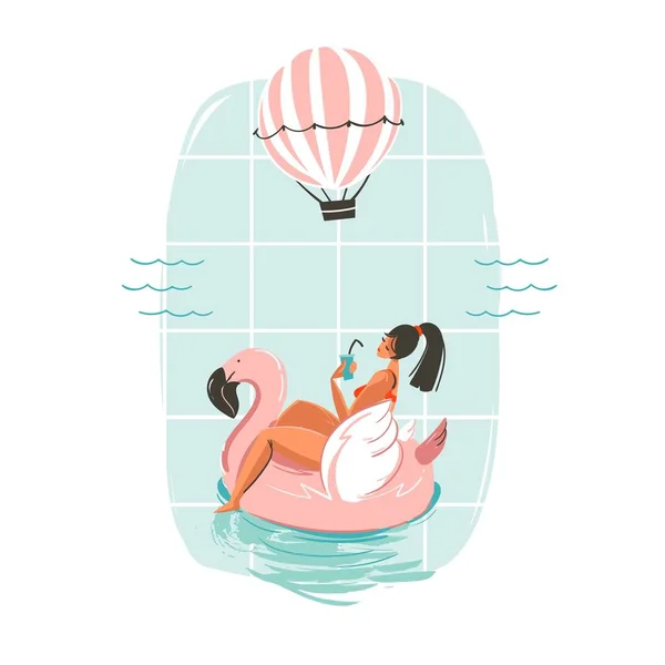 Vector dibujado a mano abstracto divertido verano ilustración tarjeta con niña nadando en el círculo de flotador flamenco rosa en las olas del océano azul con caligrafía moderna Mejor verano aislado sobre fondo blanco — Archivo Imágenes Vectoriales