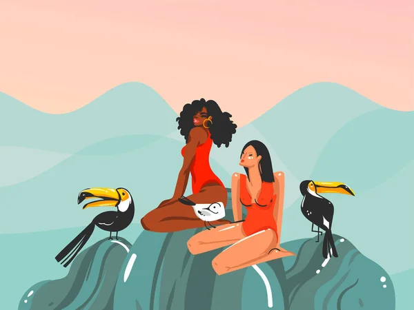 Handgetekende vector abstracte voorraad platte grafische illustratie met jonge, vrolijke multi-etnische schoonheid vrouwen in badpak op zonsondergang uitzicht scène zitten op het strand geïsoleerd op witte achtergrond — Stockvector