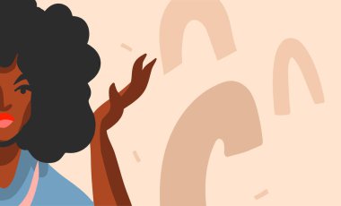 El çizimi vektör soyut düz stok grafik illüstrasyon genç siyah afro-amerikan güzellik kadın ve kopya uzay yer Renk kolaj şekil arka plan izole.