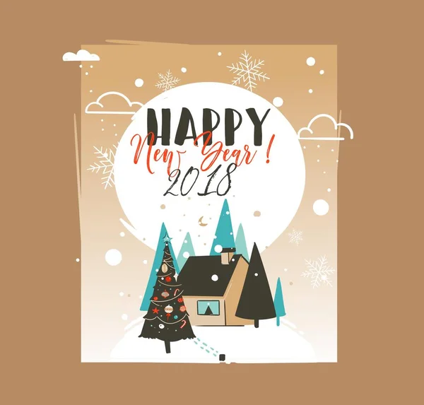 Kézzel rajzolt vektor elvont Boldog karácsonyt és boldog új évet rajzfilm illusztrációk üdvözlő kártya sablon szabadtéri táj, ház és hóesés elszigetelt fehér háttér — Stock Vector