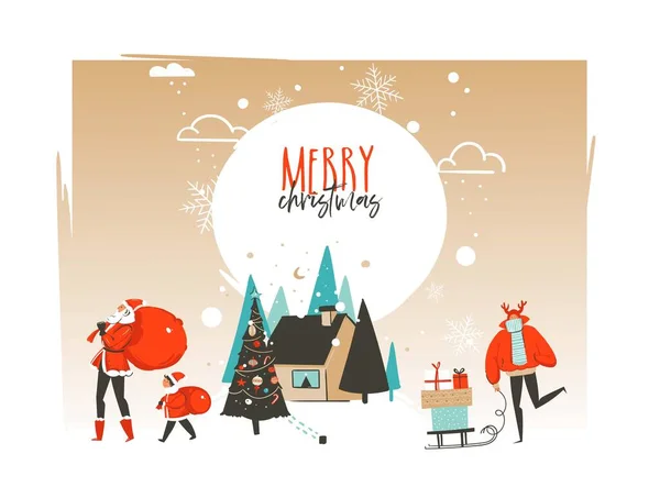 손으로 그린 추상 벡터 Merry Christmas and Happy New Year 만화 삽화들은 카드 템플릿에 야외 풍경, 집, 산타 클로스 가족 과 함께 흰색 배경으로 분리되어 있다. — 스톡 벡터