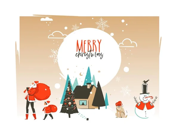 Handgetekende vector abstract Vrolijk Kerstmis en Gelukkig Nieuwjaar cartoon illustraties wenskaart sjabloon met outdoor landschap, huis en Santa Claus familie geïsoleerd op witte achtergrond — Stockvector