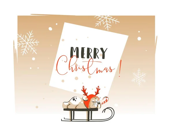 Handgezeichnete Vektor abstrakt Frohe Weihnachten und ein glückliches neues Jahr Zeit Cartoon-Illustrationen Grußkarte Vorlage mit französischer Bulldogge Hund auf Schlitten und Typografie Text isoliert auf weißem Hintergrund — Stockvektor