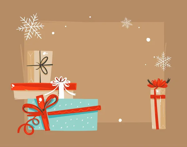 Χειροποίητο διάνυσμα αφηρημένα Καλά Χριστούγεννα και Ευτυχισμένο το Νέο Έτος χρόνο vintage εικονογραφήσεις καρτούν πρότυπο ευχετήρια κάρτα με κουτιά έκπληξη δώρο και θέση για το κείμενό σας απομονώνονται σε καφέ φόντο — Διανυσματικό Αρχείο