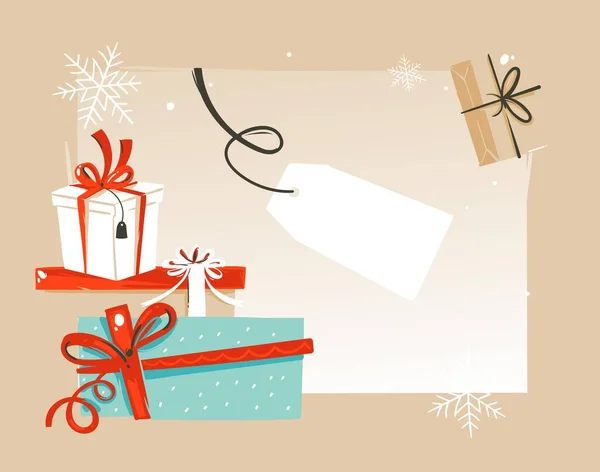 Kézzel rajzolt vektor elvont Boldog karácsonyt és boldog új évet évjárat rajzfilm illusztrációk üdvözlő kártya sablon meglepetés ajándék dobozok és hely a szöveg elszigetelt fehér háttér — Stock Vector
