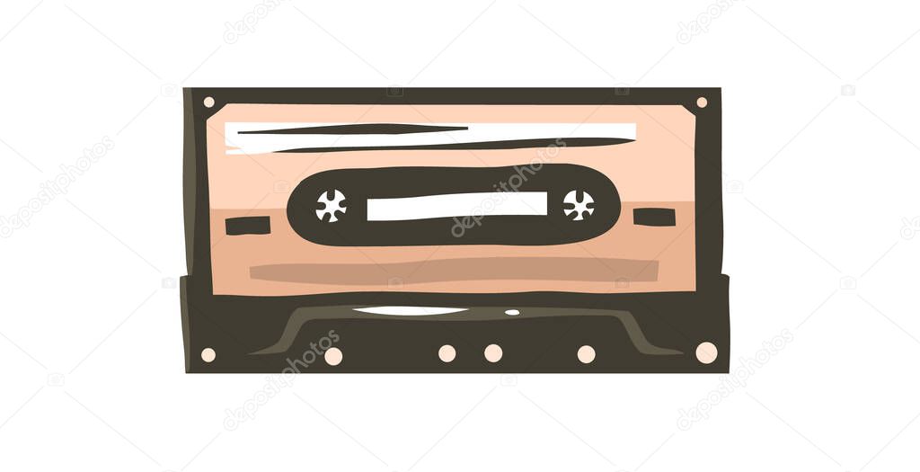 Hand drawn vector abstract stock flat graphic illustration with retro casette for media player drawing isolated on white color background