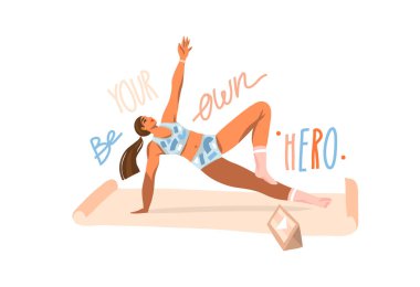 Elle çizilmiş vektör soyut stok grafik çizimi, genç mutlu bir kadınla birlikte mat üzerinde fitness yapıyor ve beyaz arka planda izole edilmiş tablet üzerinde online eğitim videosu izliyor.