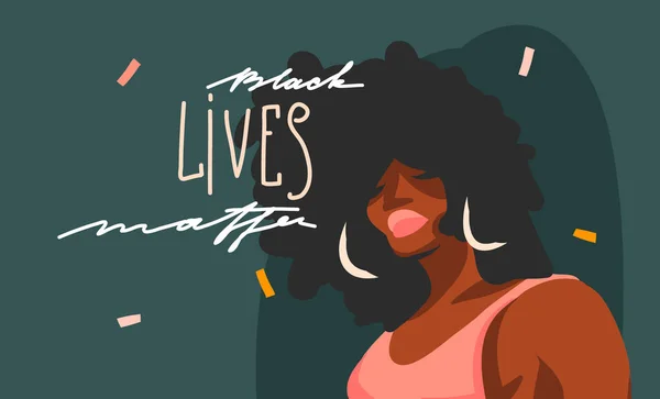 El çizimi vektör soyut stok grafik illüstrasyon Genç siyah afro amerikan güzellik kadın ve siyah yaşam madde Renk kolaj şekil arka plan izole harfleri — Stok Vektör