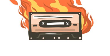 El çizimi vektör soyut düz grafik çizimi ile ortam oynatıcısı için yanan retro kaset beyaz renk arkaplan üzerinde izole