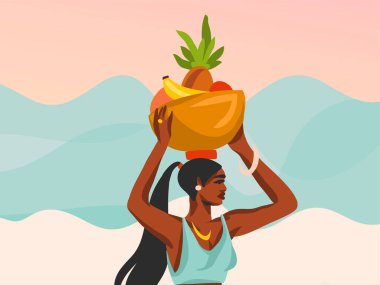 El çizimi vektör soyut stok grafik illüstrasyon genç mutlu siyah afro-amerikan kadın, kafasında bir sepet meyve taşıyor plaj sahnesi kafesinde beyaz arka planda izole