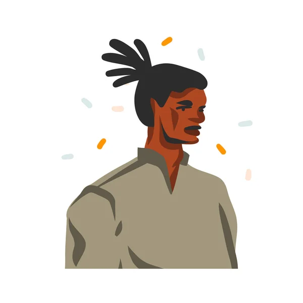 손으로 그린 추상적 벡터 스톡 그래픽 일러스트와 젊은 행복 한 흑인 아프리카계 미국인 미모의 남자 초상화, 흰색 배경에 고립 된 패션 의상 — 스톡 벡터