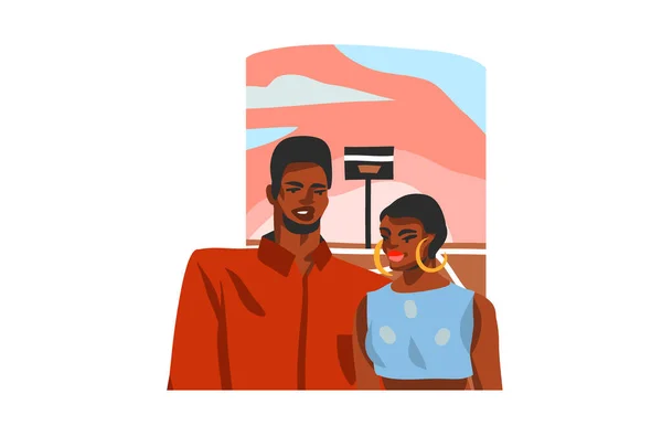 手绘矢量抽象股票平面图解与年轻快乐的非洲美容美发学生夫妇隔离的白色背景 — 图库矢量图片