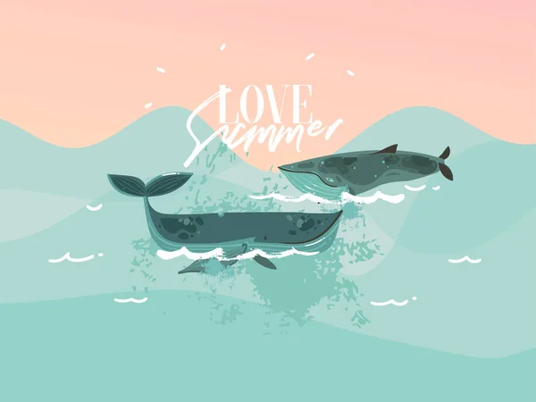 Handgezeichnete Vektor abstrakt Stock flache grafische Illustration mit glücklicher Schönheit schwimmende Wale und Sonnenuntergang Ozean Szene isoliert auf blauem Hintergrund. — Stockvektor