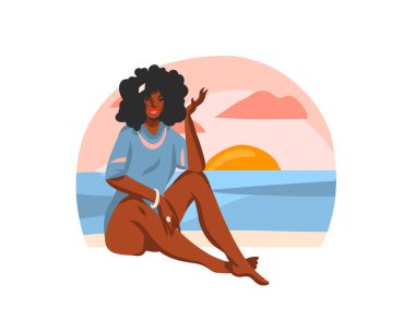 El çizimi vektör soyut düz grafik çizimi, beyaz arka planda izole günbatımı plaj sahnesinde oturan mutlu siyah afro-amerikan güzel kadın.