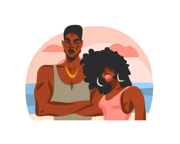 手绘矢量抽象股票平面图解与年轻快乐的非洲美容美发学生夫妇在沙滩上隔离在白色背景下的场景 — 图库矢量图片