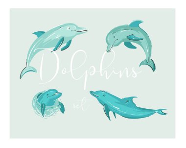 El çizimi vektör karikatürü tropikal yunuslar mavi renklerle izole edilmiş..